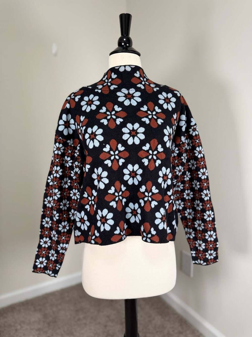 Maeve Anthropologie Floral Mock Neck Sweater Top Medium Retro Fall Cottagecore